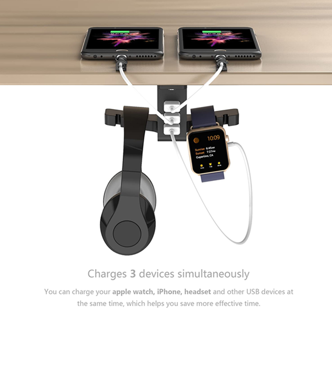 Soporte para auriculares con USB Soporte para auriculares con cargador USB.